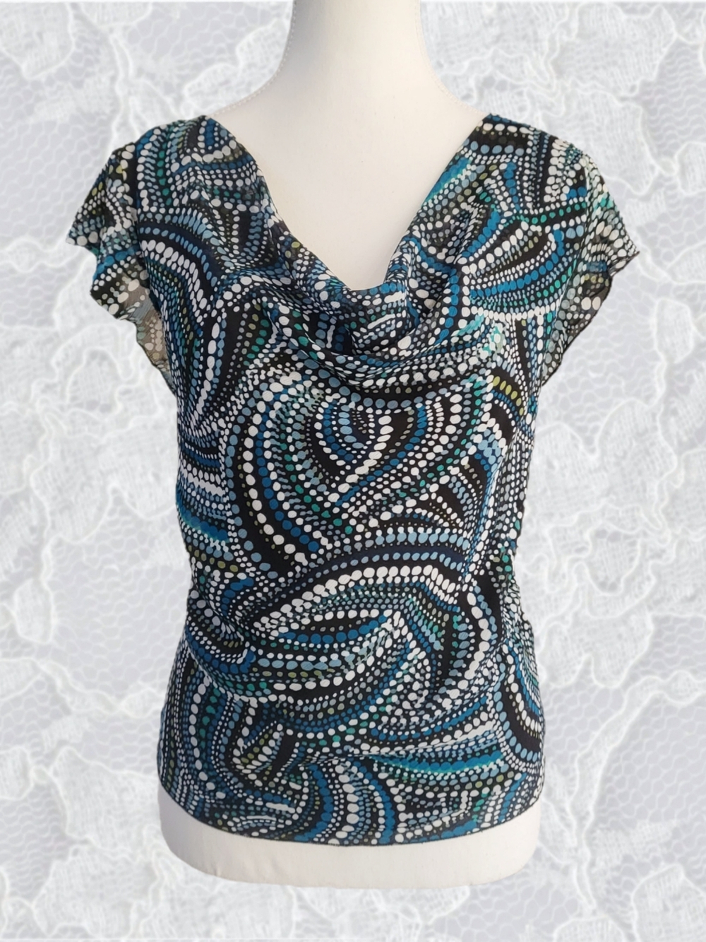 Vintage Allison Taylor Blue, Green Black & White Cowl Neck Top